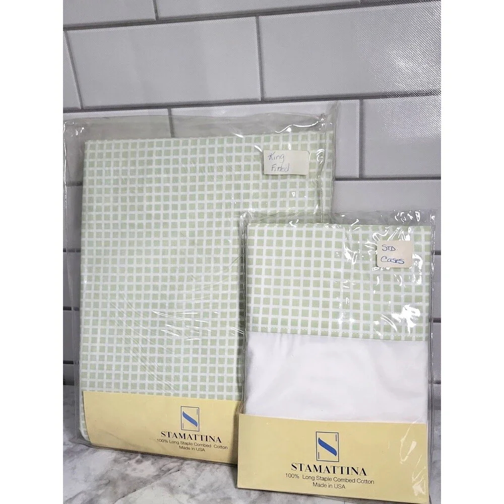 NWT Stamattina Lucia Light Green Grid King Flat Sheet & Shams Cotton Italy USA